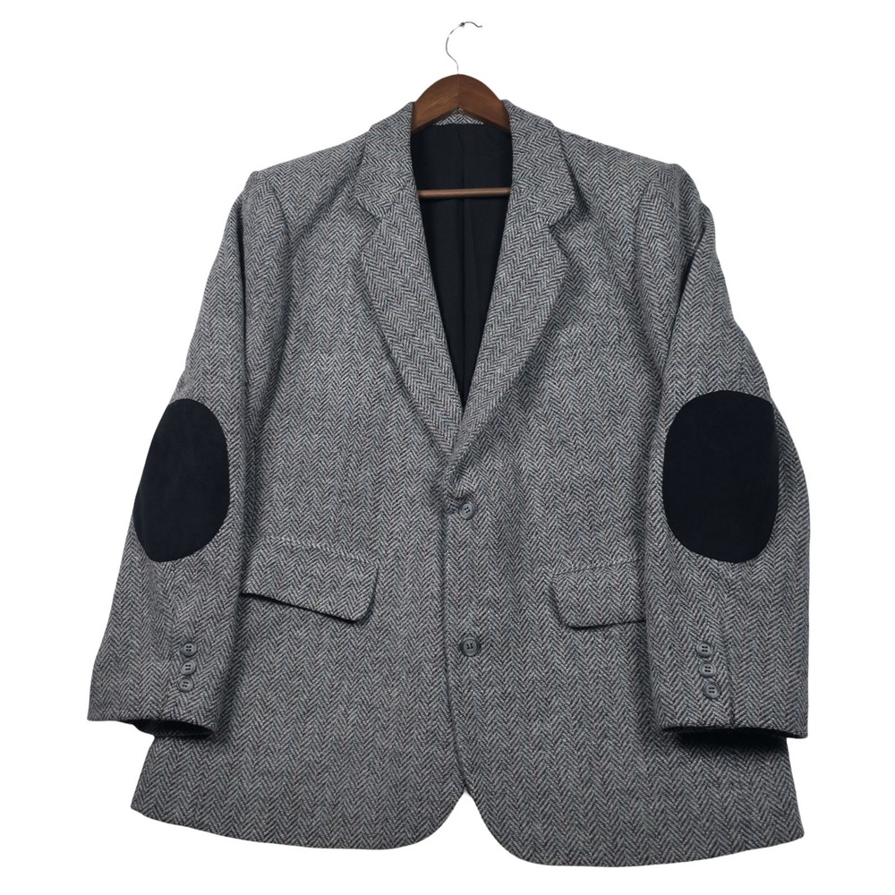 Vintage Pendleton Wool Herringbone Blazer Elbow Patches Sport Coat Gray Men's L